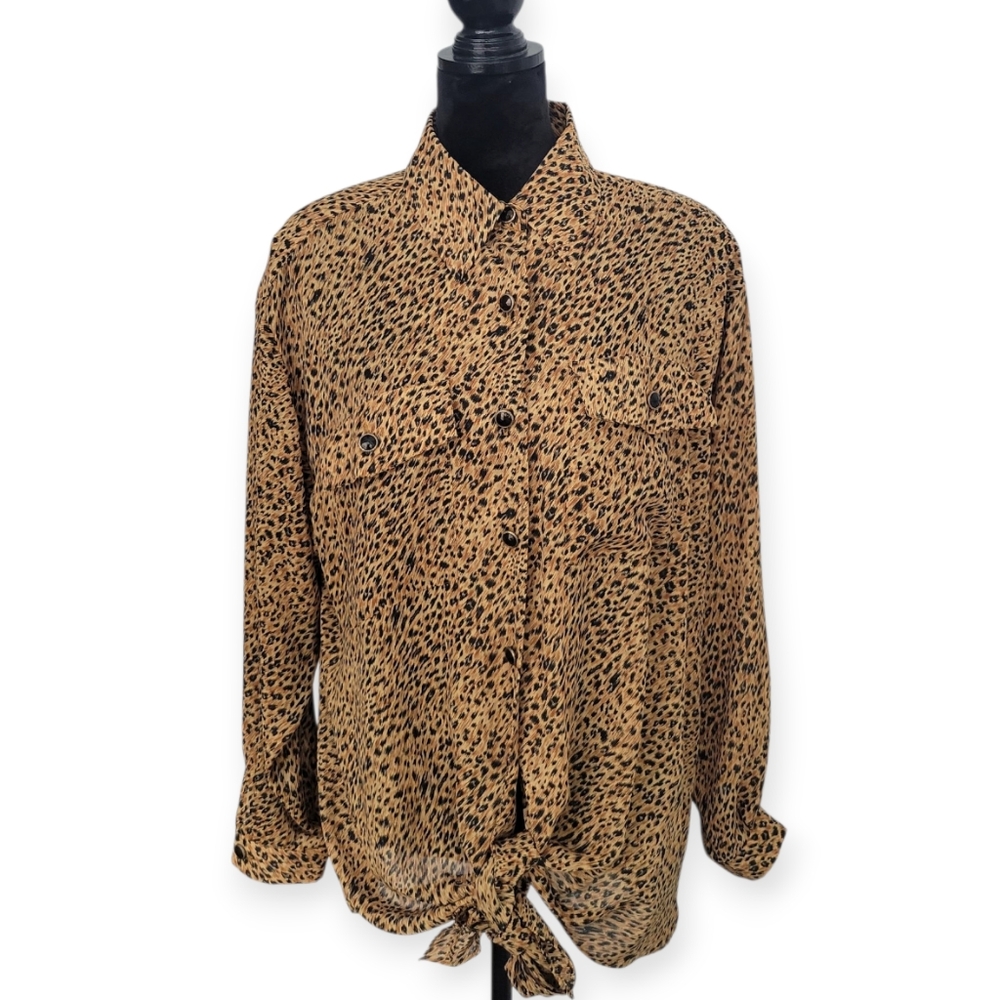 Vintage Leopard Longsleeve Front Tie 80s Top